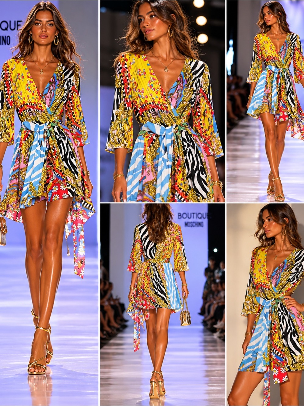 Boutique Moschino Multicolor Foulard Mix Print Wrap Mini Dress XS
